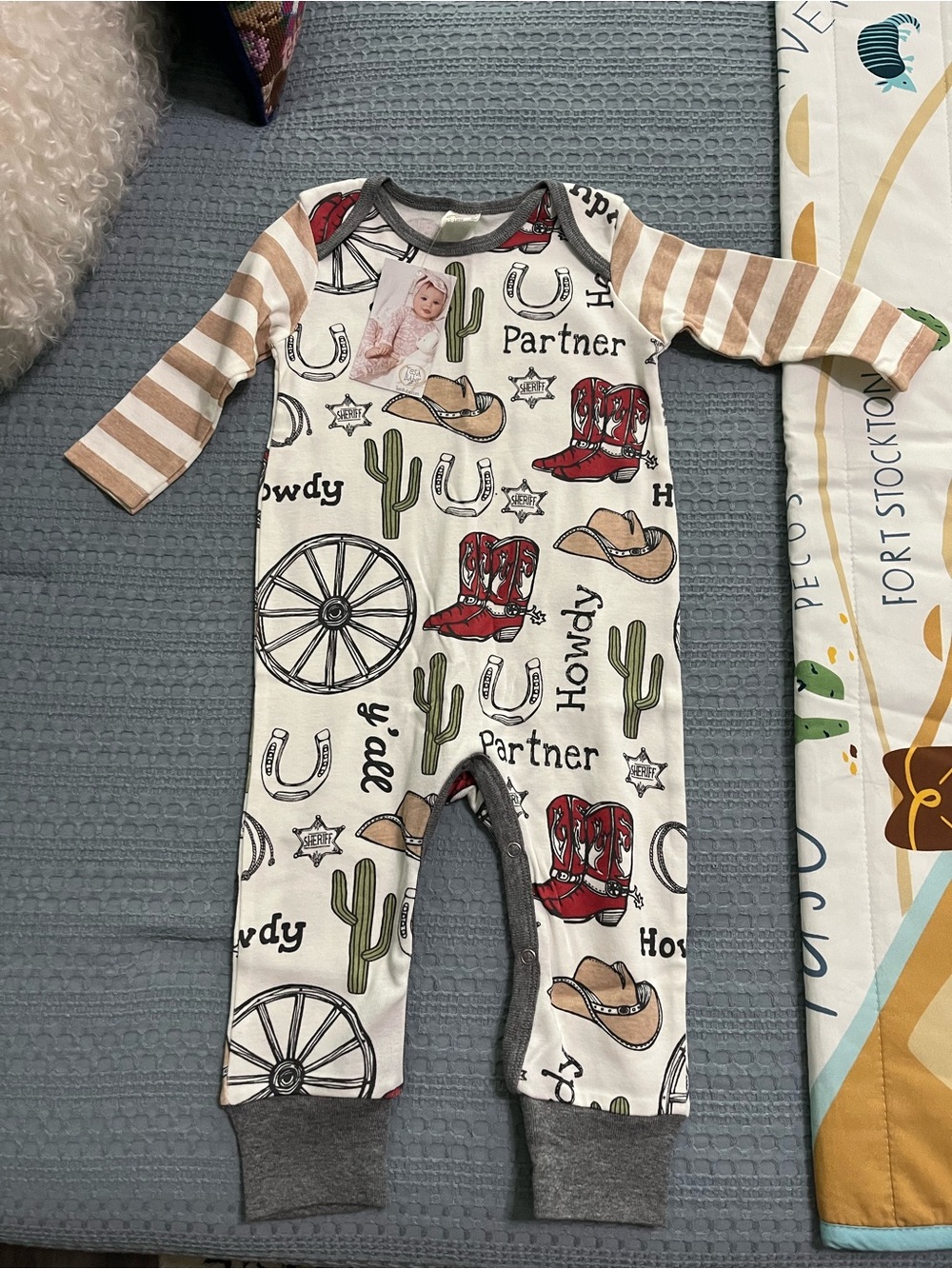 Baby Western-Print One-Piece Romper in Cream and Tan